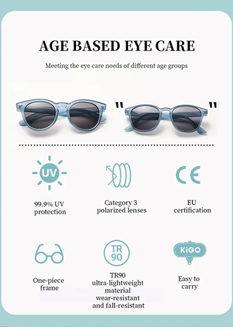 KiGO California childrens designer sunglasses meeting the eye care needs of different age groups.