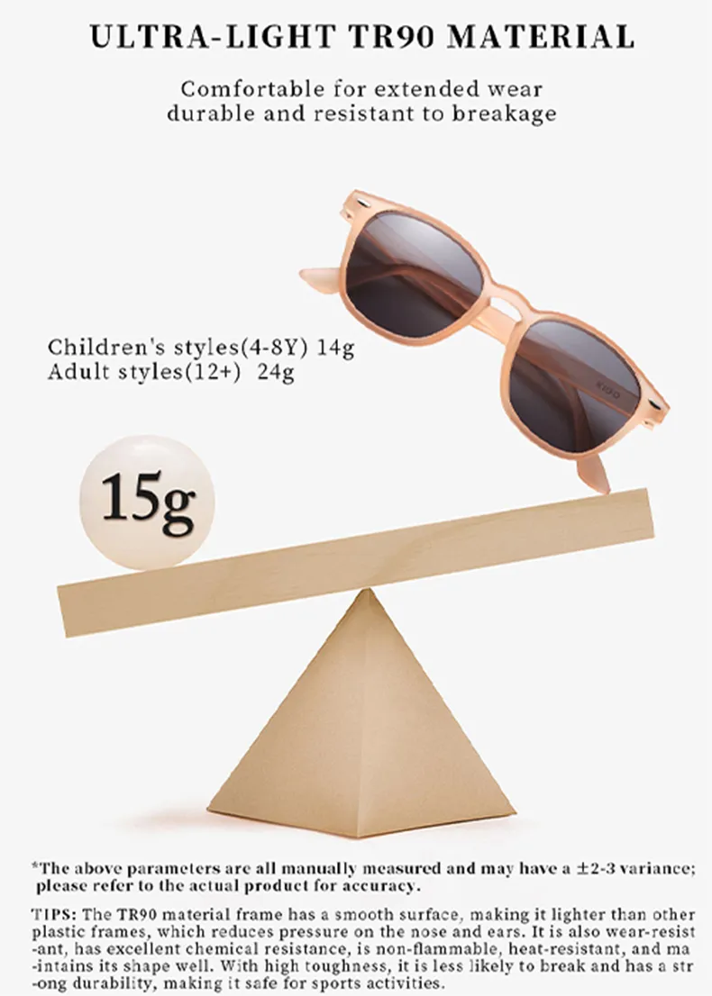 KiGO California kids prescription sunglasses are ultra-light. Only 14g for 4-8 years, 24g for 12+ years.