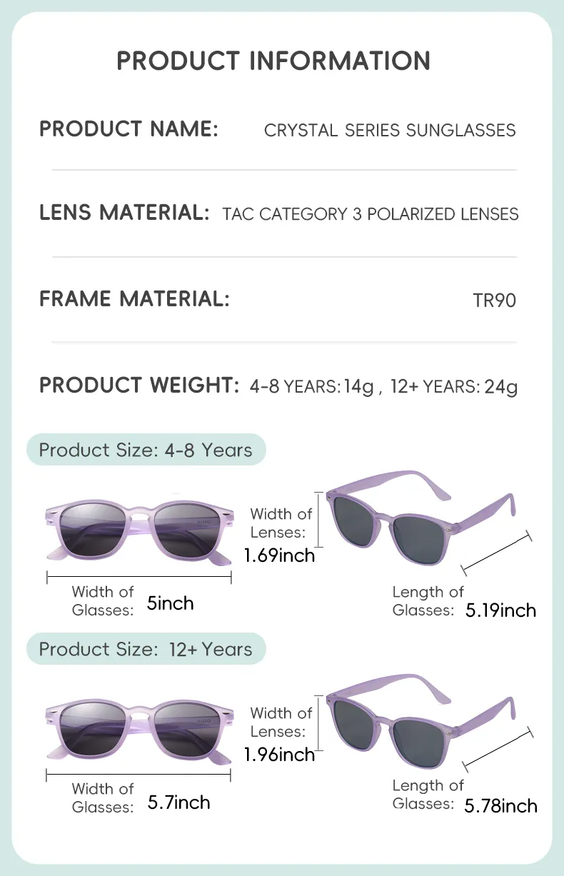 KiGO California youth polarized sunglasses​ for ages 4-8 and 12+.