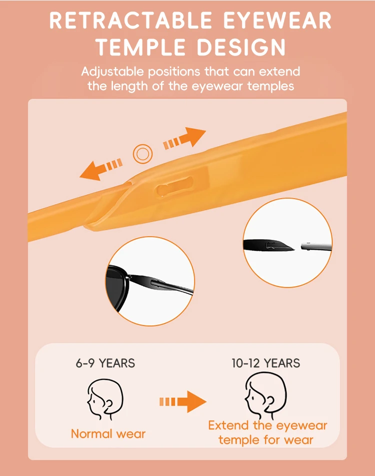 KiGO California childrens sunglasses amazon​ retractable eyewear temple desigh. Adjustable positions that can extend the length of the eyewear temples.