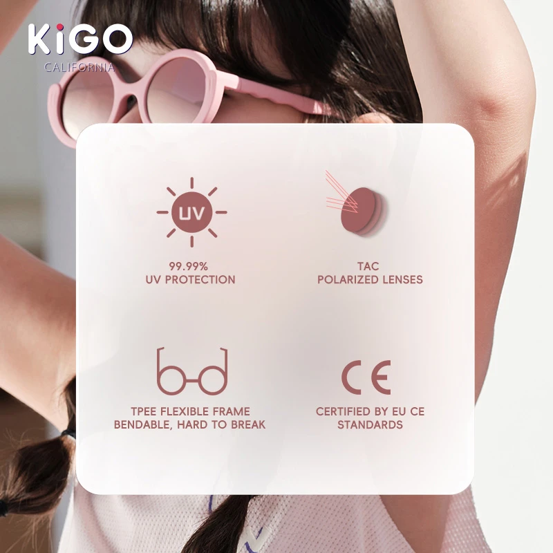 A child wearing pink KIGO California sunglasses. An infographic overlay highlights features: 99.99% UV protection, TAC polarized lenses, TPEE flexible frame (bendable, hard to break), and EU CE certification.