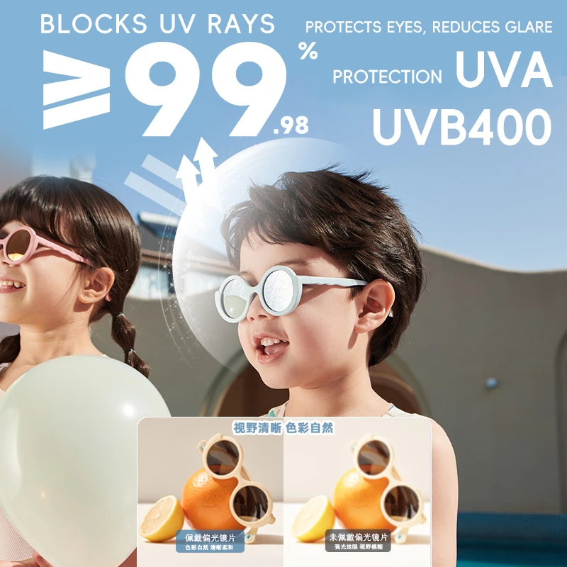 Two children wearing KIGO California summer outside sunglasses kids. Text emphasizes "BLOCKS UV RAYS ≥99.98%", "PROTECTS EYES, REDUCES GLARE", and "UVA UVB400 PROTECTION". A comparison shows the clarity difference with and without polarized lenses, noting "Clear Vision, Natural Colors" vs. "Glare, Blurry Vision".