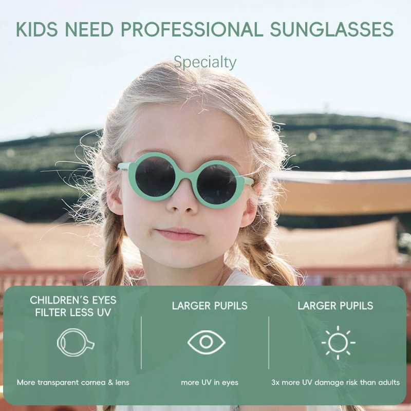 A girl wearing green KIGO California style sunglasses kids . The infographic titled "KIDS NEED PROFESSIONAL SUNGLASSES" explains why: children’s eyes filter less UV (more transparent cornea & lens), have larger pupils (more UV in eyes), and face 3x more UV damage risk than adults.