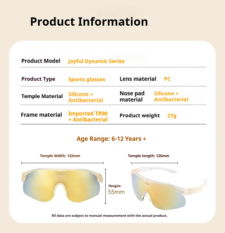 Product information of KiGO sunglasses, including name, ages, material and protection level and weight.