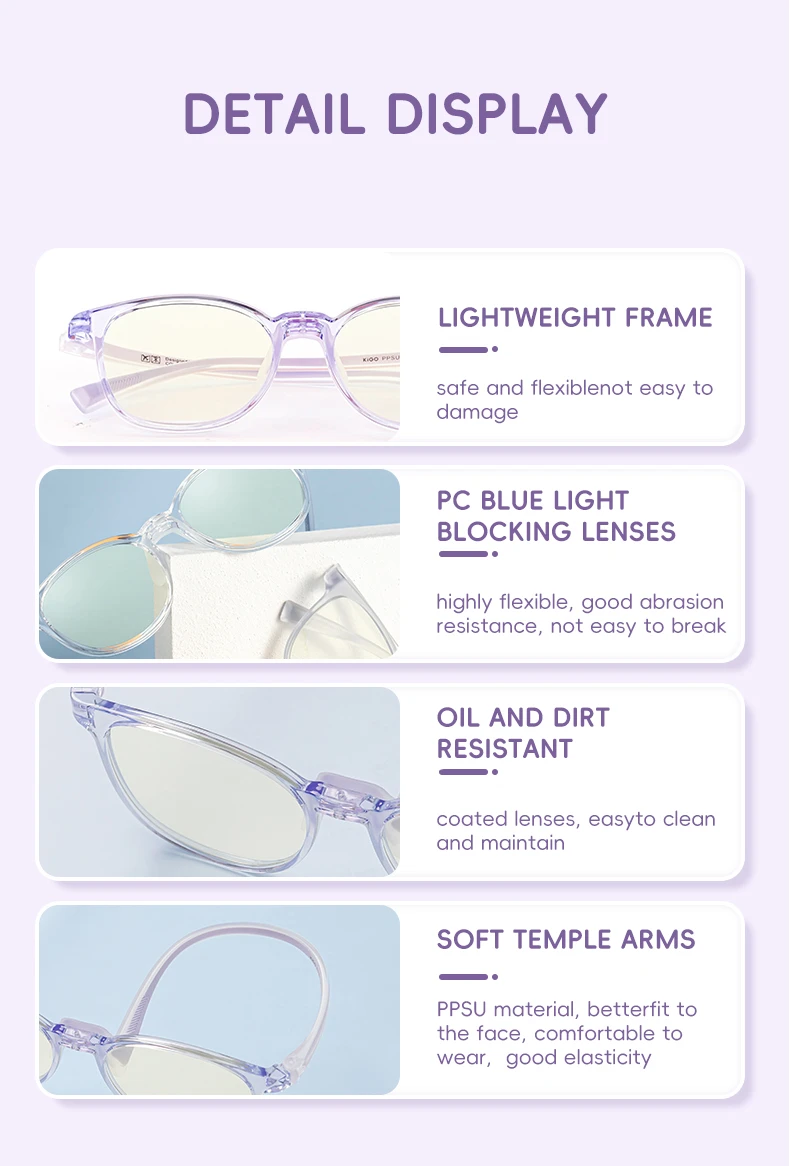 Detail of anti blue light glasses. They have lightweight frame, pc blue light blocking lenses, oil and dirt resistant and soft temple arms.