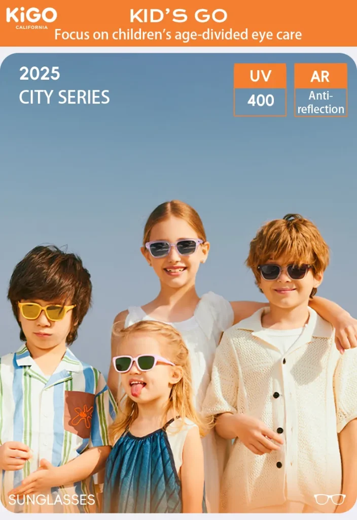 sunglasses for kid girl​ & sunglasses for kids boys standing in the sun wearing KiGO children's sunglasses