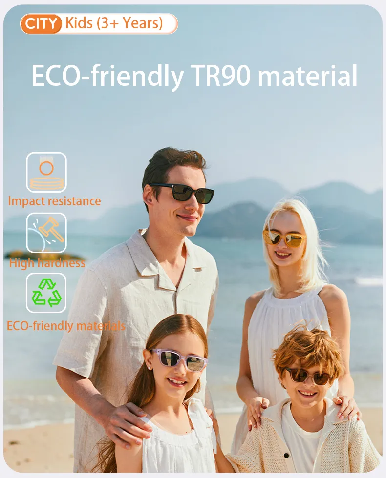 A family of four playing at the beach wearing KiGO kids clip on sunglasses & parent-child sunglasses