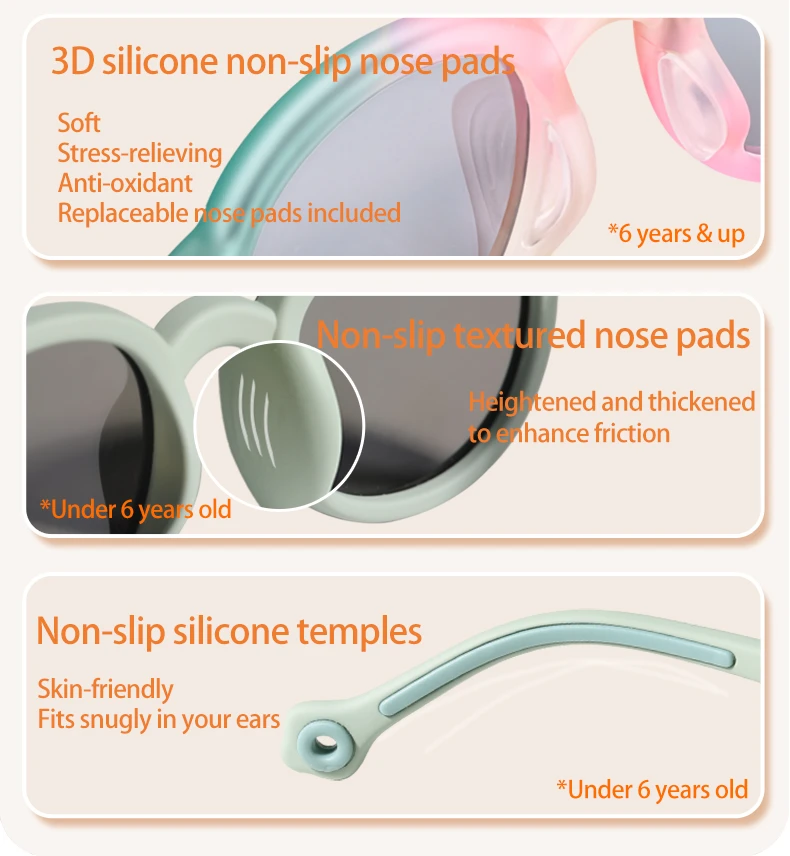 KiGO California kids polarized sunglasses​ has 3D silicone ono-slip nose pads