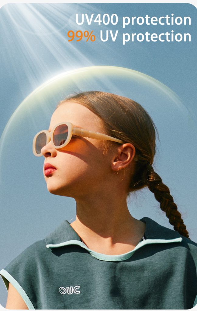 A girl faces the harsh sun with UV400-protected KiGo kids' sunglasses.