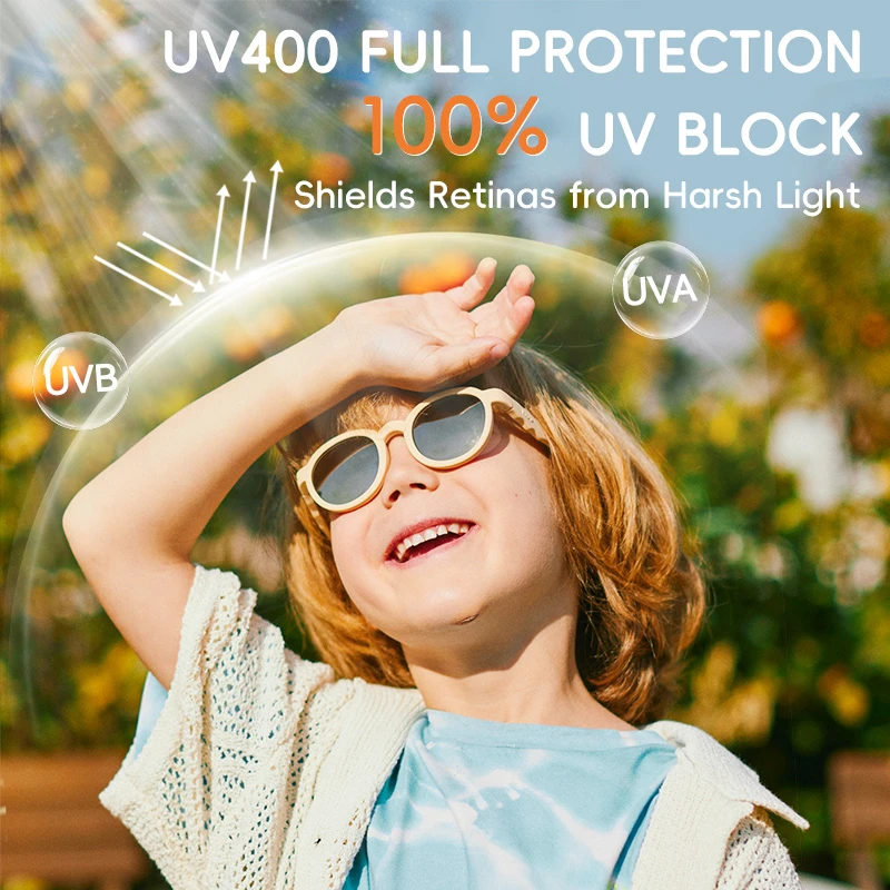 A boy wearing KIGO California sunglasses inspiration activity for kids outdoors. Text reads "UV400 FULL PROTECTION", "100% UV BLOCK", and "Shields Retinas from Harsh Light", with illustrations of UVA and UVB rays being blocked.