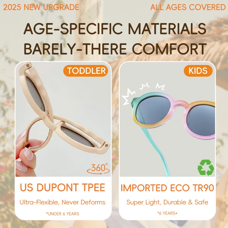 An infographic by KIGO California titled "AGE-SPECIFIC MATERIALS BARELY-THERE COMFORT" (2025 New Upgrade, All Ages Covered). It compares toddler sunglasses (US Dupont TPEE, ultra-flexible, under 6 years) and kids sunglasses with light sensitivity (Imported Eco TR90, super light, 6 years+).