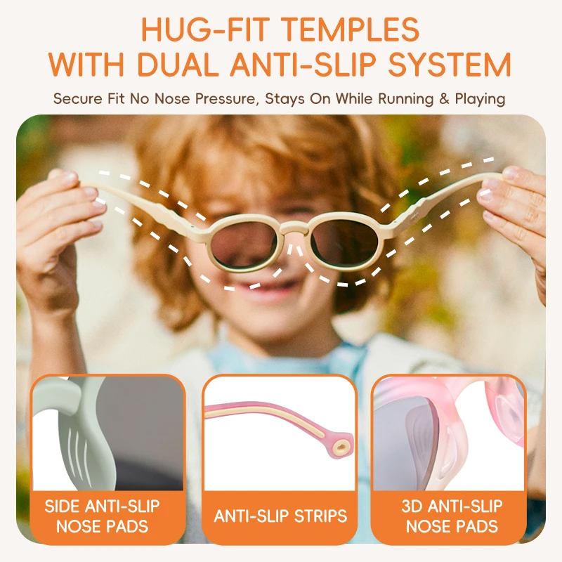 A child holding KIGO California sunglasses for kid boy , showcasing "HUG-FIT TEMPLES WITH DUAL ANTI-SLIP SYSTEM". It highlights "Secure Fit No Nose Pressure, Stays On While Running & Playing", with features like side anti-slip nose pads, anti-slip strips, and 3D anti-slip nose pads.