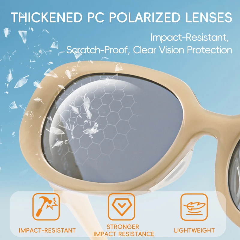 A close - up of KIGO California sunglasses' thickened PC polarized lenses. The lenses show impact - resistant and scratch - proof features with a honeycomb pattern. Text reads "THICKENED PC POLARIZED LENSES", "Impact-Resistant, Scratch-Proof, Clear Vision Protection", and icons for "IMPACT-RESISTANT", "STRONGER IMPACT RESISTANCE", "LIGHTWEIGHT". Image 3