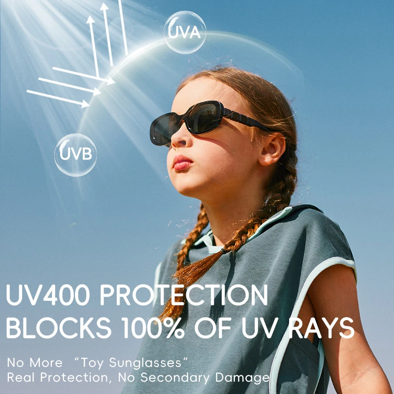 A girl wearing KIGO California sunglasses under a bright blue sky. Arrows and bubbles labeled "UVA" and "UVB" illustrate UV rays being blocked. Text states "UV400 PROTECTION BLOCKS 100% OF UV RAYS" and "No More 'Toy Sunglasses' Real Protection, No Secondary Damage".