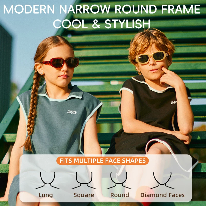 Two children sitting on green steps, each wearing KIGO California sunglasses with a modern narrow round frame. Text says "MODERN NARROW ROUND FRAME COOL & STYLISH" and "FITS MULTIPLE FACE SHAPES" with icons for long, square, round, and diamond faces.