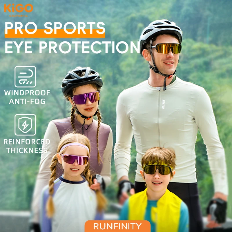 A family (parents and a girl & a boy) wearing KIGO California sports sunglasses and helmets, set against a green, outdoor background. Text reads "PRO SPORTS EYE PROTECTION" with features like "WINDPROOF ANTI-FOG" and "REINFORCED THICKNESS", and the "RUNFINITY" label at the bottom.