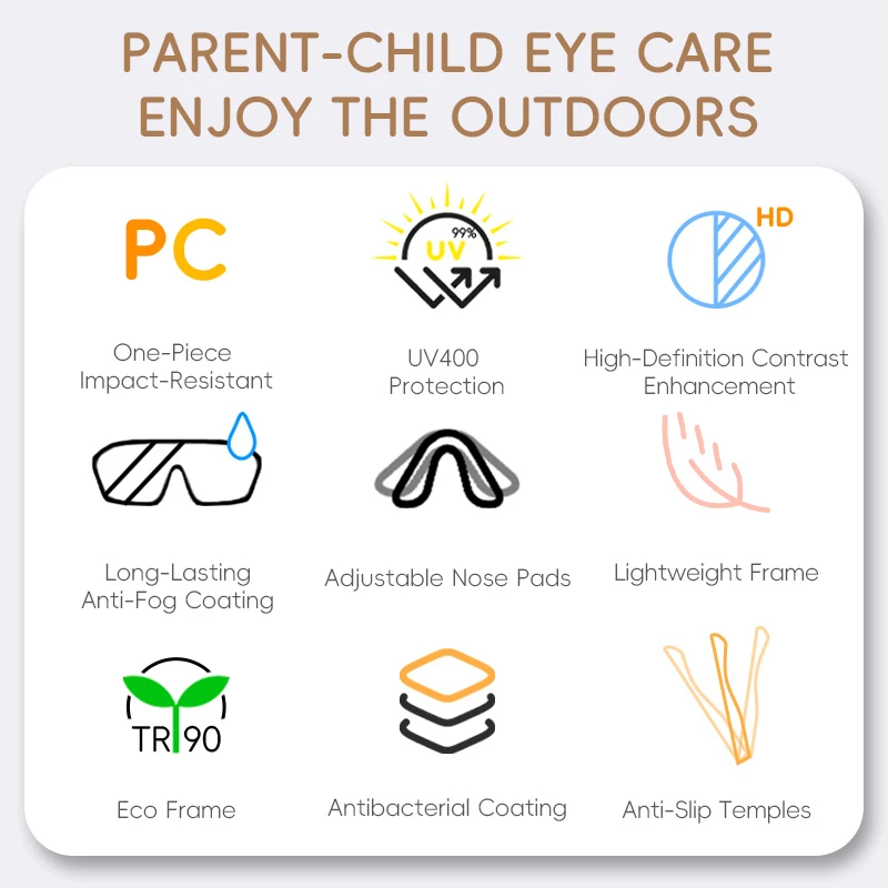 An infographic titled "PARENT-CHILD EYE CARE ENJOY THE OUTDOORS" lists features of KIGO California sport sunglasses kids: One-Piece Impact-Resistant PC, UV400 Protection, High-Definition Contrast Enhancement, Long-Lasting Anti-Fog Coating, Adjustable Nose Pads, Lightweight Frame, Eco Frame (TR90), Antibacterial Coating, and Anti-Slip Temples.