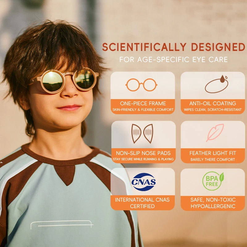 A boy wearing KIGO California brown color toddler sunglasses for 2-5 years . The infographic is titled "SCIENTIFICALLY DESIGNED FOR AGE-SPECIFIC EYE CARE", featuring icons for one-piece frame, anti-oil coating, non-slip nose pads, feather light fit, International CNAS certified, and BPA-free.