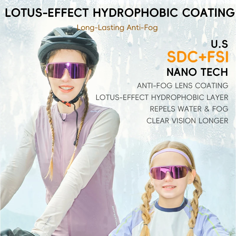 A woman and a child wearing KIGO California soft kids sunglasses and helmets, cycling. Text highlights "LOTUS-EFFECT HYDROPHOBIC COATING", "Long-Lasting Anti-Fog", and "U.S SDC+FSI NANO TECH" for anti-fog lens coating that repels water and fog.