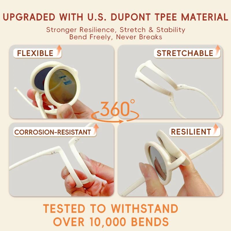 An infographic of KIGO California sunglasses upgraded with U.S. Dupont TPEE material. It shows four features: flexible, stretchable, corrosion-resistant, and resilient, with text "Tested to Withstand Over 10,000 Bends" and "Stronger Resilience, Stretch & Stability – Bend Freely, Never Breaks".