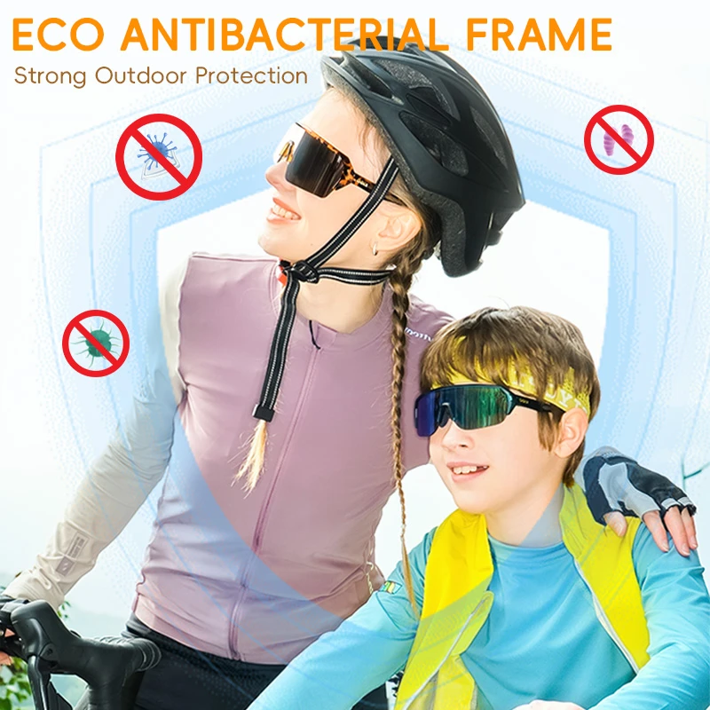 A woman and a boy wearing KIGO California shatterproof sunglasses kid and helmets, outdoors. Text reads "ECO ANTIBACTERIAL FRAME" and "Strong Outdoor Protection", with icons indicating protection against bacteria and other contaminants.