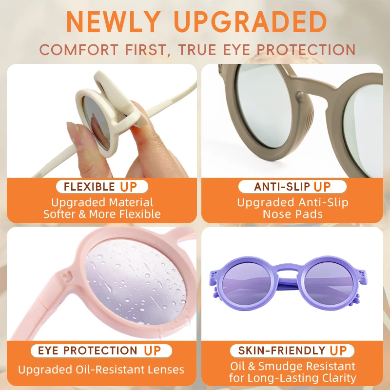 A KIGO California infographic titled "NEWLY UPGRADED – COMFORT FIRST, TRUE EYE PROTECTION". It highlights four upgrades: flexible up (softer material), anti-slip up (nose pads), eye protection up (oil-resistant lenses), and skin-friendly up (oil & smudge resistant).