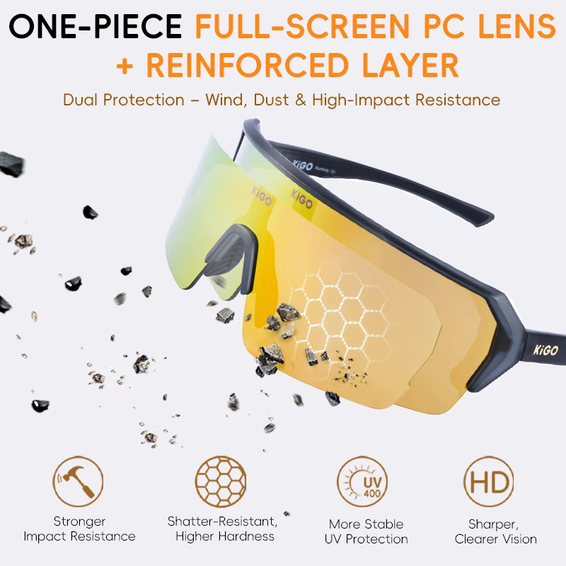 A close-up of KIGO California sunglasses with "ONE-PIECE FULL-SCREEN PC LENS + REINFORCED LAYER". Text explains "Dual Protection – Wind, Dust & High-Impact Resistance", with features: Stronger Impact Resistance, Shatter-Resistant Higher Hardness, More Stable UV Protection, and Sharper Clearer Vision.