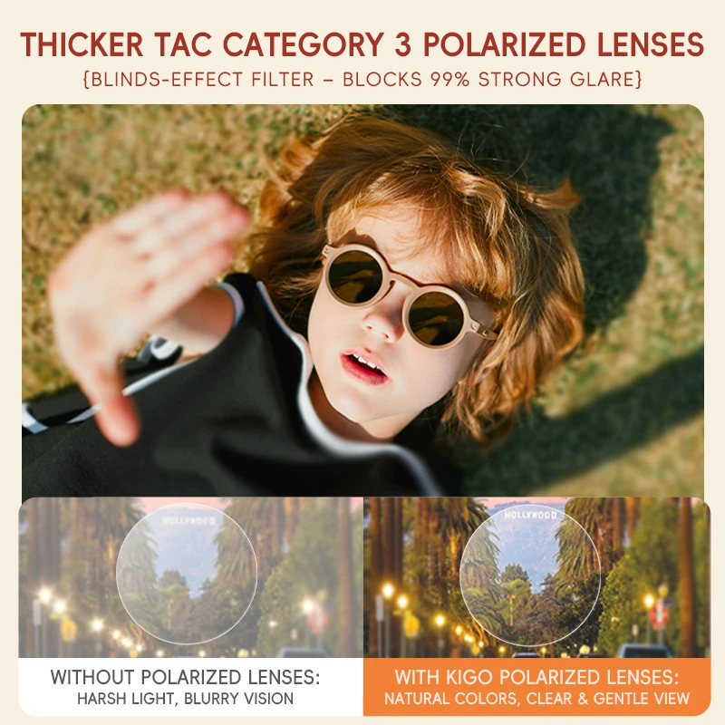 A boy wearing KIGO California sunglasses kids polarized with thicker TAC Category 3 polarized lenses. The text reads "THICKER TAC CATEGORY 3 POLARIZED LENSES {BLINDS-EFFECT FILTER – BLOCKS 99% STRONG GLARE}", with a comparison showing harsh light vs. clear vision with Kigo polarized lenses.