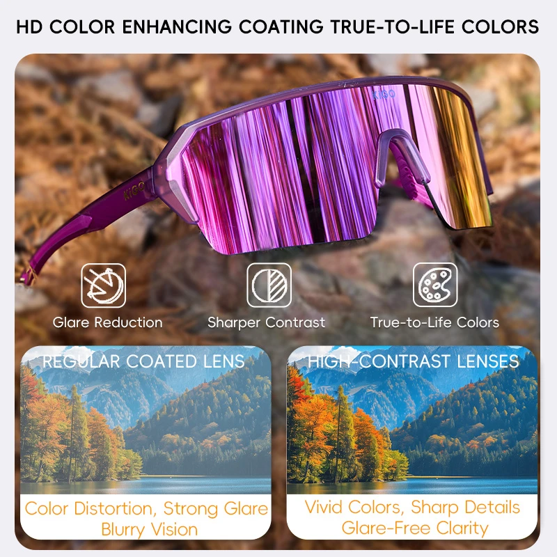 KIGO California sunglasses with "HD COLOR ENHANCING COATING TRUE-TO-LIFE COLORS". A comparison shows regular coated lenses (color distortion, glare, blurry vision) vs. high-contrast lenses (vivid colors, sharp details, glare-free clarity), with icons for Glare Reduction, Sharper Contrast, and True-to-Life Colors.