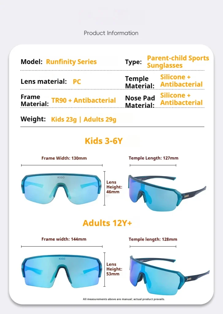 Product information of KiGO sunglasses, including name, ages, material and protection level and weight.