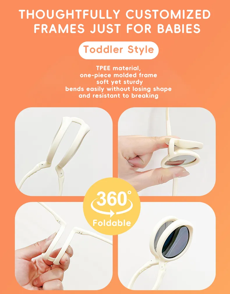 Best childrens sunglasses​ can 360 degree foldable. KiGO California use TPEE material and one-piece molded frame. Soft yet sturdy, you can bends easily without losing shape and resistant to breaking.