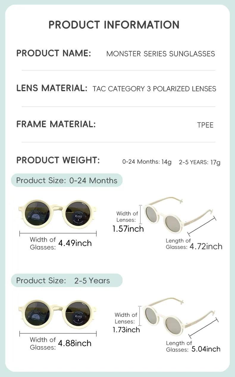 KiGO California cheap kids sunglasses​' product information. It includings product name, lens material, frame material and product weight.