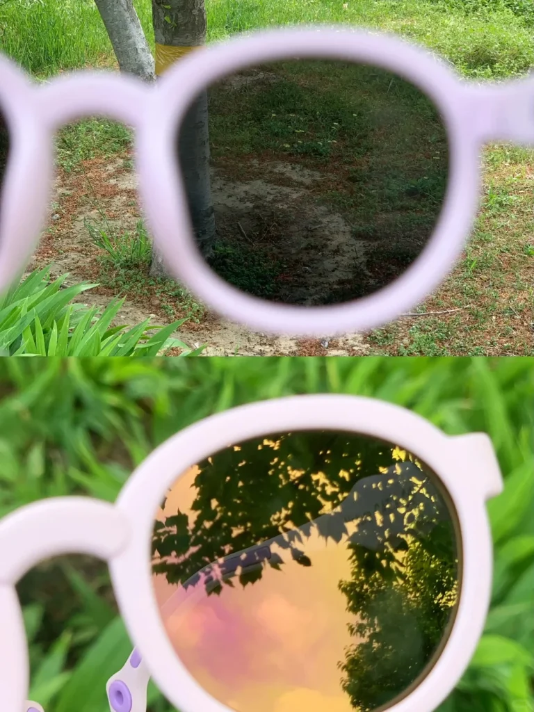 The lens display of KiGO California best kids sunglass. It uses TAC type lenses, which can adapt to different light conditions.