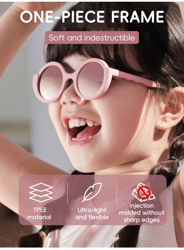 KiGO California cheap childrens sunglasses​ is one-piece frame. They come with soft and indestructible.