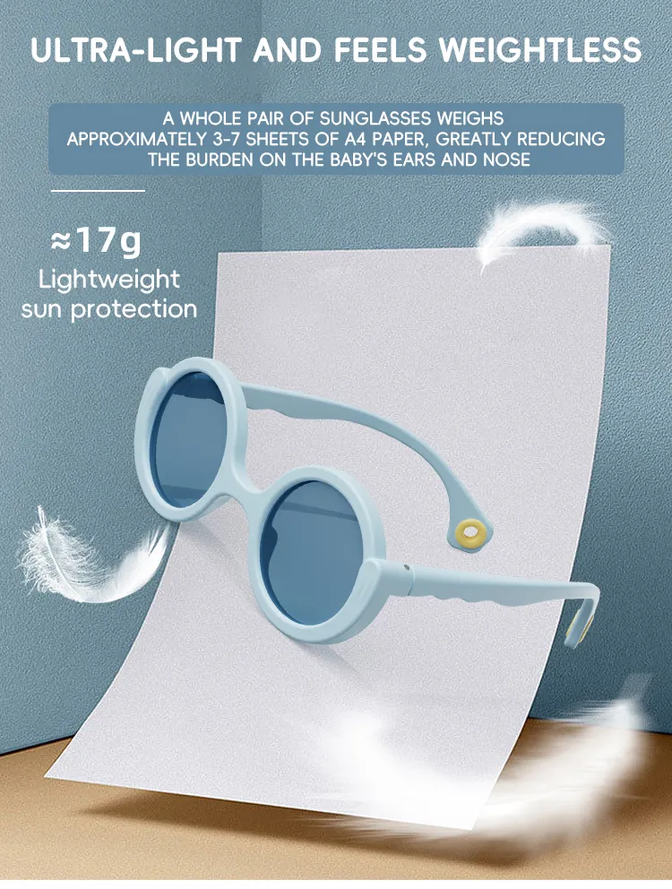 Product detail of KiGO California kids sun glasses​. They are ultra-light and feels weightless. A pair of sun glasses for kids​ is about 17g.