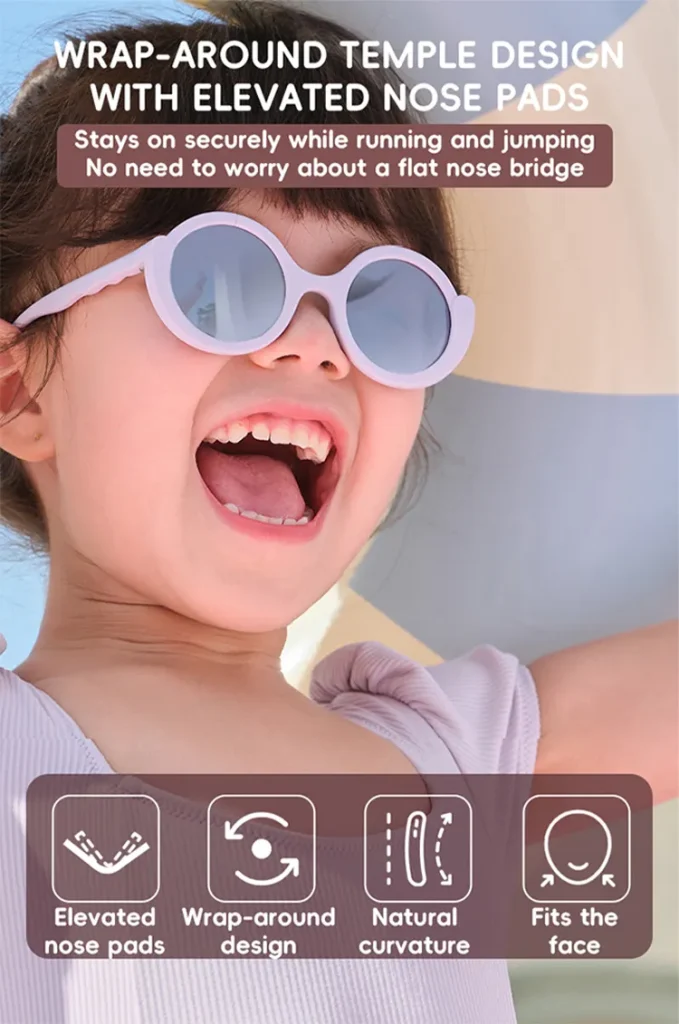 Product detail for KiGO California childrens sunglasses​. They stays on securely while running and jumping. No need to worry about a flat nose bridge.